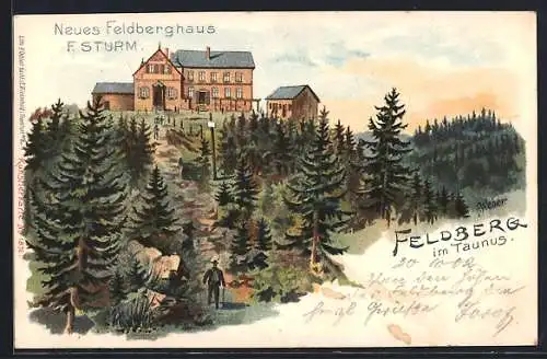 Lithographie Feldberg / Taunus, Blick zum Neuen Feldberghaus