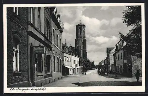 AK Köln-Longerich, Hauptstrasse mit Geschäfte und Kirche