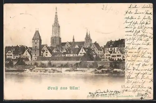 AK Ulm / Donau, Ortsansicht mit Kirchen und Fluss im Vordergrund