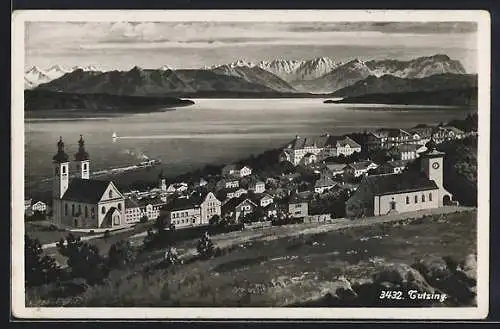 AK Tutzing, Ortsansicht mit See, Dampfer