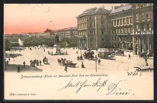 AK Wien, Schwarzenberg-Platz mit Monument Fürst Carl von Schwarzenberg & Pferdebahn