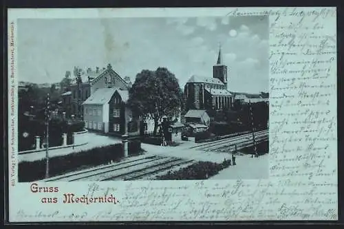 Mondschein-AK Mechernich, Ortsansicht mit Bahnübergang und Kirche