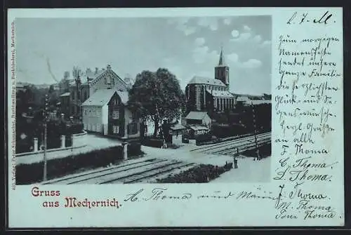 Mondschein-AK Mechernich, Ortsansicht mit Bahnübergang und Kirche