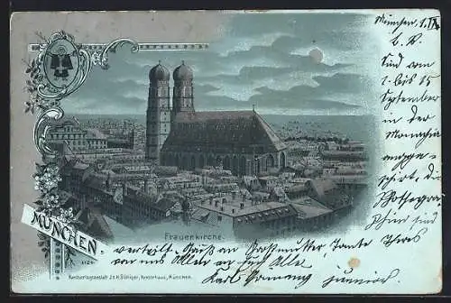 Mondschein-Lithographie München, Frauenkirche aus der Vogelschau, Wappen