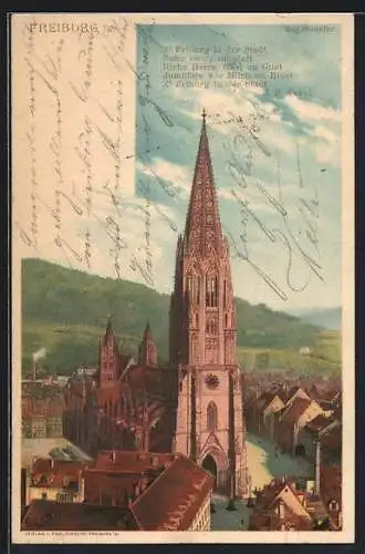 Lithographie Freiburg / Breisgau, Blick auf das Münster