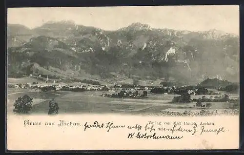 AK Aschau / Chiemgau, Ortsansicht vor den Bergen