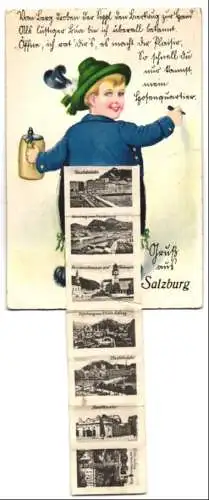 Leporello-AK Salzburg, Ansichten in der Hose, Staatsbrücke, Feste Hohensalzburg, Residenzbrunnen und Glockenspiel