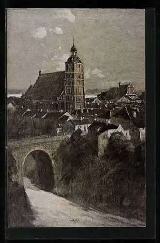 Künstler-AK Fritz Hass: Wartenburg, Ortspartie mit Brücke und Kirche