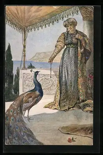 Künstler-AK S. Solomko: Die Eitelkeit - Frau in buntem Gewand und Pfau in antiker Umgebung