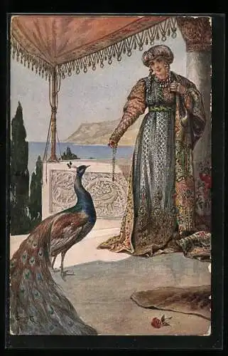 Künstler-AK S. Solomko: Die Eitelkeit, orientalische Frau mit Pfau