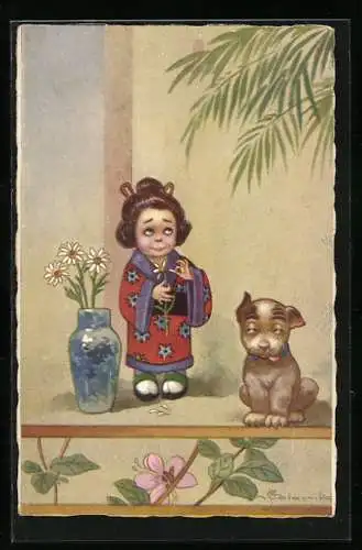 Künstler-AK E.Colombo: Geisha mit Hund Bonzo