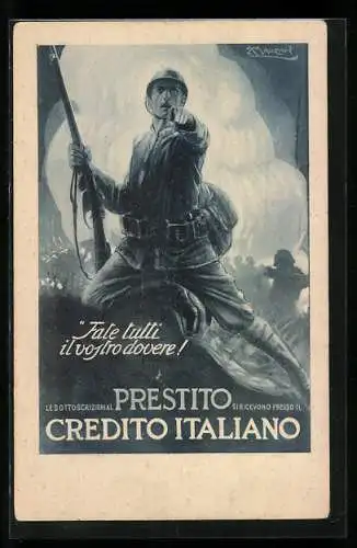 Künstler-AK Mauzan: Prestito Credito Italiano, ital. Infanterist, Kriegsanleihe