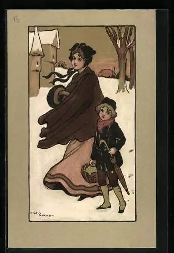 Künstler-Lithographie Ethel Parkinson: Glückliches Neujahr, Mutter und Sohn im Schnee