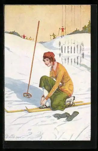 Künstler-AK Plantikow: Dame schnallt sich Skier an die Füsse