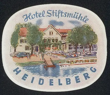 Kofferaufkleber Heidelberg, Hotel Stiftsmühle mit Flussterrasse