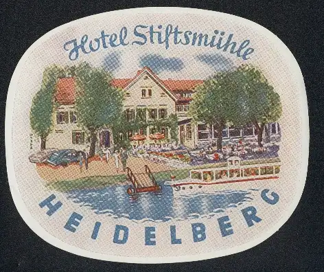 Kofferaufkleber Heidelberg, Hotel Stiftsmühle mit Flussterrasse