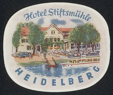 Kofferaufkleber Heidelberg, Das Hotel Stiftsmühle mit Flussterrasse