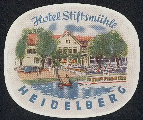 Kofferaufkleber Heidelberg, Das Hotel Stiftsmühle mit Flussterrasse