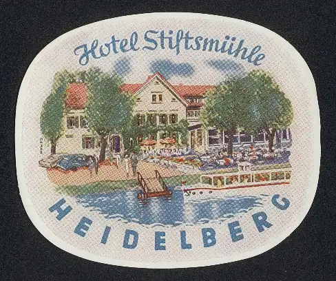 Kofferaufkleber Heidelberg, Das Hotel Stiftsmühle mit Flussterrasse