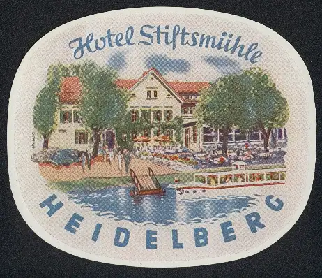 Kofferaufkleber Heidelberg, Das Hotel Stiftsmühle mit Flussterrasse