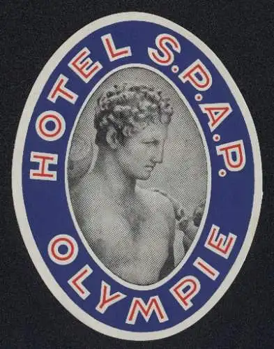 Kofferaufkleber Olympie, Hotel S.P.A.P., Altgriechische Statue