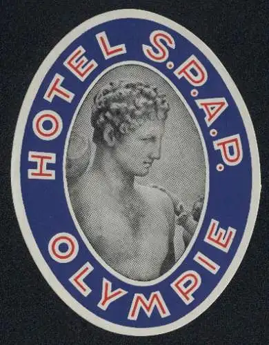 Kofferaufkleber Olympie, Hotel S.P.A.P., Teil altgriechischer Statuengruppe