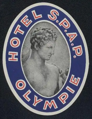 Kofferaufkleber Olympie, Hotel S.P.A.P., Teil altgriechischer Statue