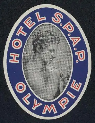 Kofferaufkleber Olympie, Hotel S.P.A.P., Teil altgriechischer Statue