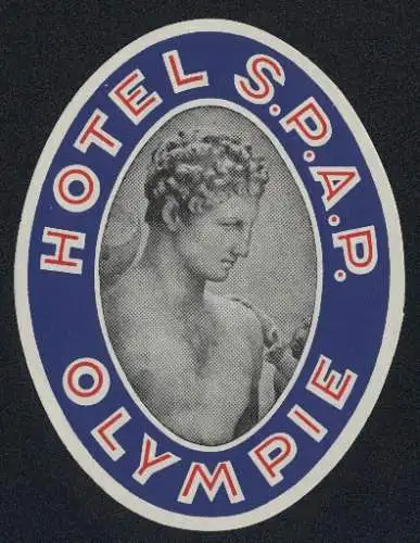 Kofferaufkleber Olympie, Hotel S.P.A.P., Kopf und Brust einer antiken Statue