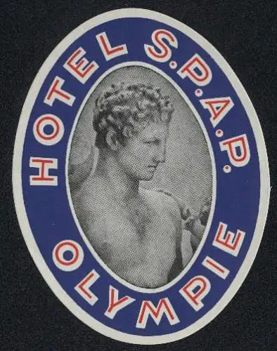 Kofferaufkleber Olympie, Hotel S.P.A.P., Kopf und Brust einer antiken Statue