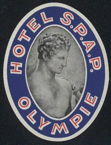 Kofferaufkleber Olympie, Hotel S.P.A.P., Kopf und Brust einer antiken Statue