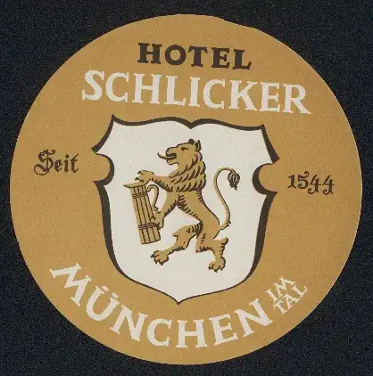 Kofferaufkleber München, Das Hotel Schlicker, Wappen mit Löwen