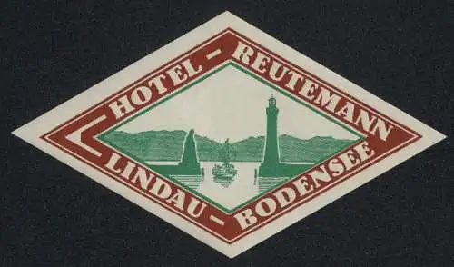 Kofferaufkleber Lindau /Bodensee, Hotel Reutemann, Hafeneinfahrt mit Leuchtturm