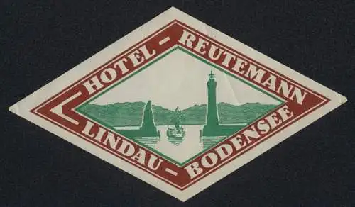 Kofferaufkleber Lindau /Bodensee, Hotel Reutemann, Hafeneinfahrt mit Leuchtturm