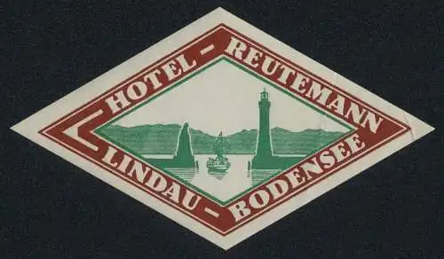 Kofferaufkleber Lindau /Bodensee, Hotel Reutemann, Hafeneinfahrt mit Leuchtturm und Statue