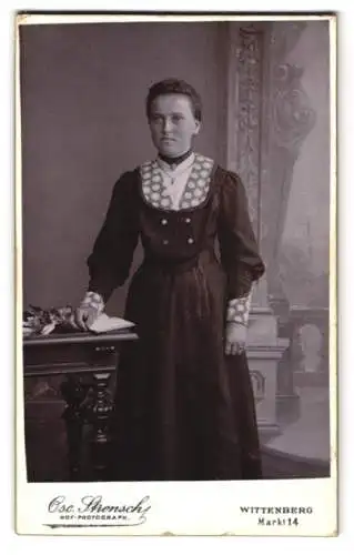 Fotografie Oscar Strensch, Wittenberg, Markt 14, Porträt einer Dame in elegantem Kleid