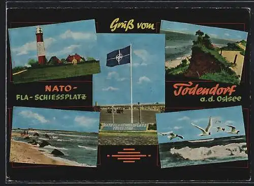 AK Todendorf / Ostsee, Nato-Fla-Schiessplatz, Leuchtturm, Möwen, Fahne, Strandpartie