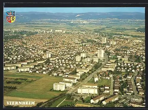 AK Viernheim, Ortsansicht aus der Vogelschau mit Wappen