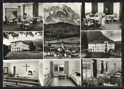 AK Ohlstadt, Erholungsheim Maria Heimgarten, verschiedene Ansichten mit Speisesaal, Kapelle und Café