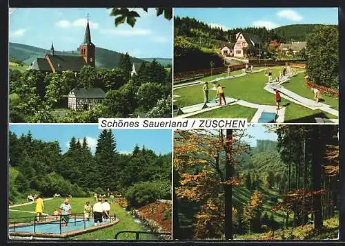 AK Züschen /Sauerland, Kirche, Kneippbad, Golfplatz