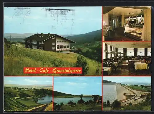 AK Langelsheim, Hotel Café Granetalsperre, Bes. Richard Klingebiel, Aussen- und Innenansicht