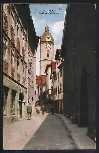 AK Jena, Rathausgässchen mit Kirchturm