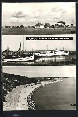 AK Neuendorf /Hiddensee, Ortsansicht, Vitte mit Hafen, Kloster mit Strand