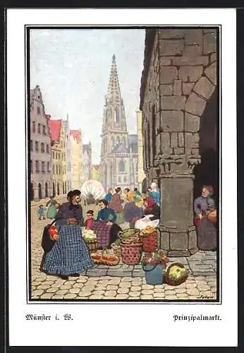 Künstler-AK sign. von Sydow: Münster i. W., Buntes Treiben auf dem Prinzipalmarkt