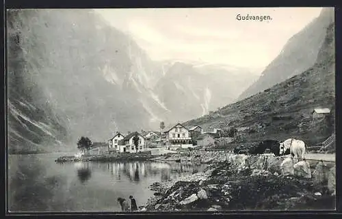 AK Gudvangen, das Dorf gegen steile Felswände