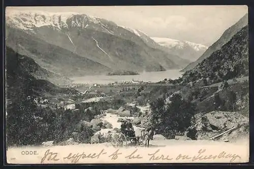 AK Odde, Blick auf Ort, Berge und Fjord