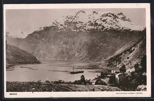 AK Merok, Kirche über dem Fjordende, Dampfer, Gebirge