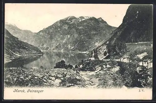 AK Merok /Geiranger, Kirchturm, eindrucksvolle Landschaft