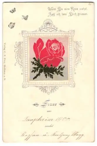 Seiden-AK Rose mit roter Blüte in Passepartout mit Schmetterlingen