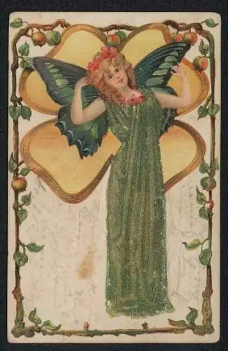 Glitzer-Perl-AK Rothaarige Schöne mit Schmetterlingsflügeln, Kleid mit Glitzer-Perlen, Jugendstil